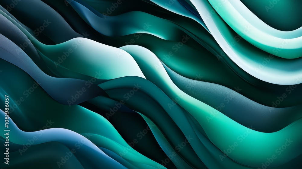 Poster vibrant and abstract wavy patterns in shades of teal, green, and blue creating a flowing visual text