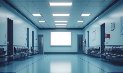 Obraz premium A mockup of an empty white poster on the wall in modern hospital waiting room with comfortable chairs and medical equipment. empty white blank poster on white wall in hospital, white board.