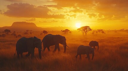 Fototapeta premium Elephants Walking on Savannah at Sunset.