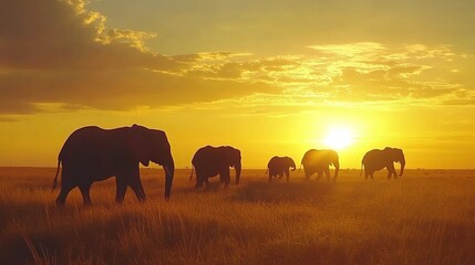  Elephants Walking on Savannah at Sunset.