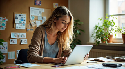 Focused Young Woman Working on Laptop in Creative Workspace