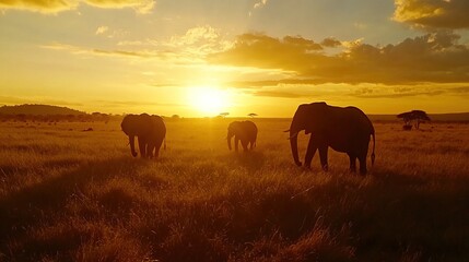 Obraz premium Elephants Walking on Savannah at Sunset.