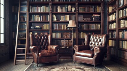 A Cozy Library with Leather Armchairs and a Ladder