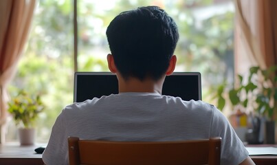 Asian man using laptop with black blank screen in home office sitting at desk, Generative AI