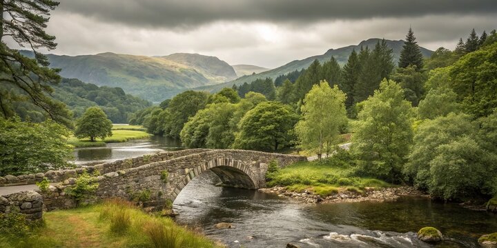 Vintage Style Photography of the Bridge over River Rothay at White Moss Walks in Ambleside, Lake District National Park, Scenic Forest Area in South Lakeland, England, UK