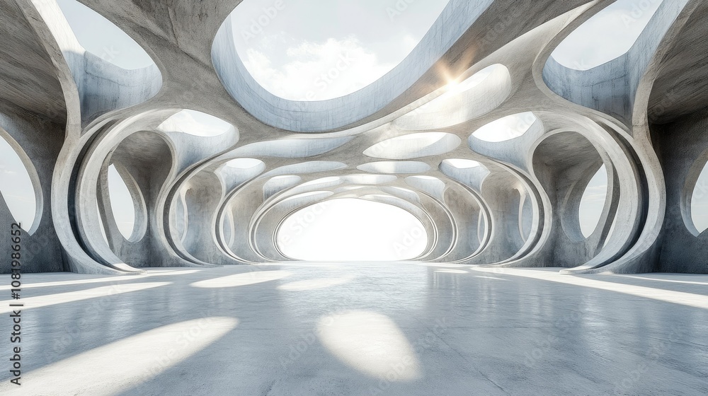 Poster 3D render of abstract futuristic architecture with empty concrete floor
