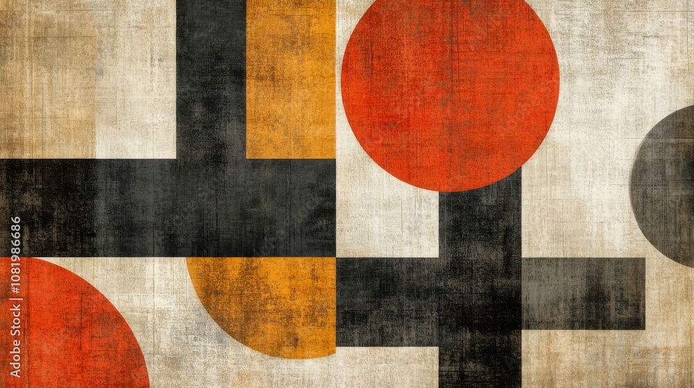 Poster abstract geometric composition with bold shapes and textures featuring circles and lines, perfect fo