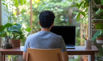 Asian man using laptop with black blank screen in home office sitting at desk, Generative AI