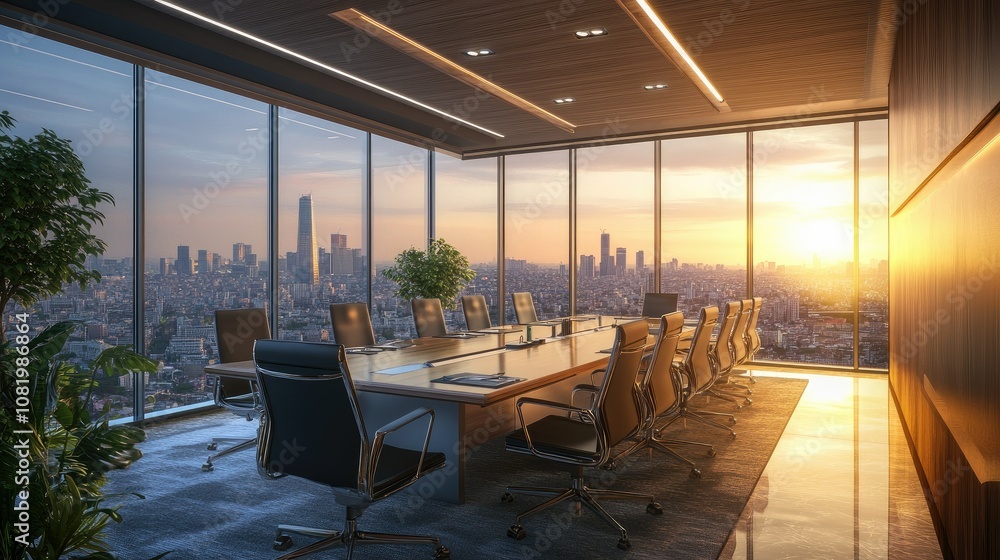 Poster modern boardroom with a large window view of a cityscape