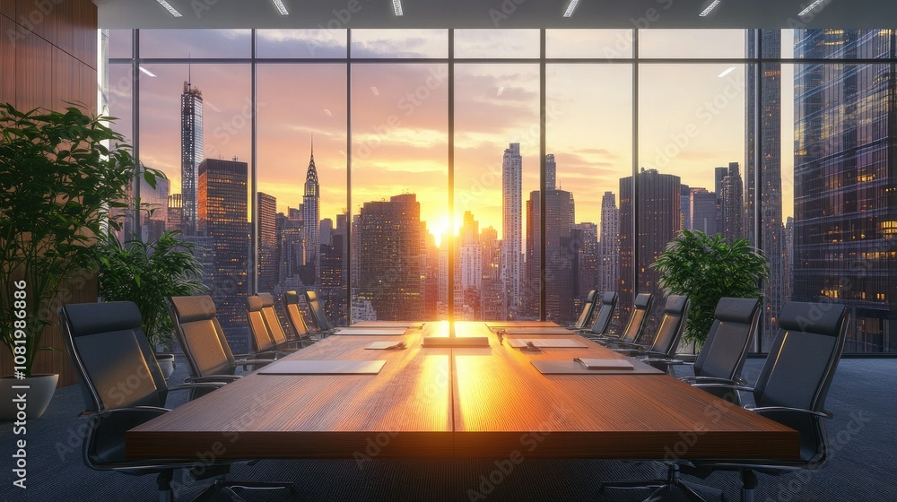 Poster modern boardroom with a large window view of a cityscape