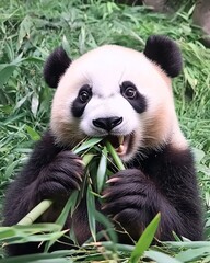 Obraz premium Giant Panda Eating Bamboo in Misty Forest.