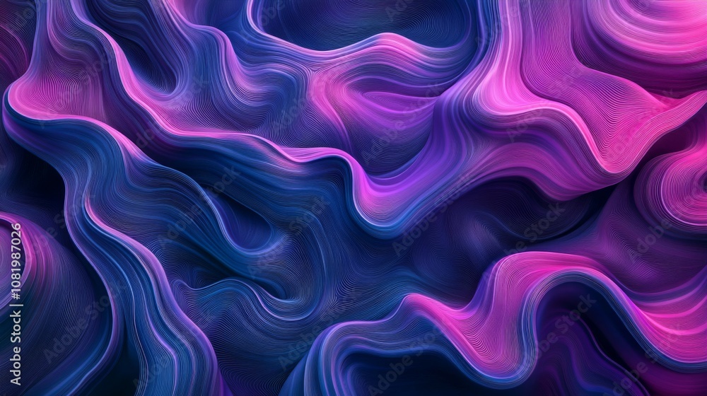 Poster vibrant abstract swirls in deep pink and blue tones, fluid design with wavy patterns conveying motio