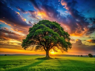 Obraz premium Majestic Silhouette of a Large Leafy Tree in a Serene Grass Field at Sunset â€“ Nature Photography, Tranquil Landscapes, Outdoor Serenity, Scenic Views