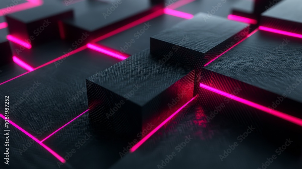 Aufkleber Modern Abstract 3D Rendering of Geometric Shapes with Neon Pink Light Accents on a Dark Textured Surface, Creating a Futuristic Atmosphere for Design Projects
