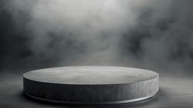 A round concrete pedestal sits on a dark surface, surrounded by ethereal smoke.