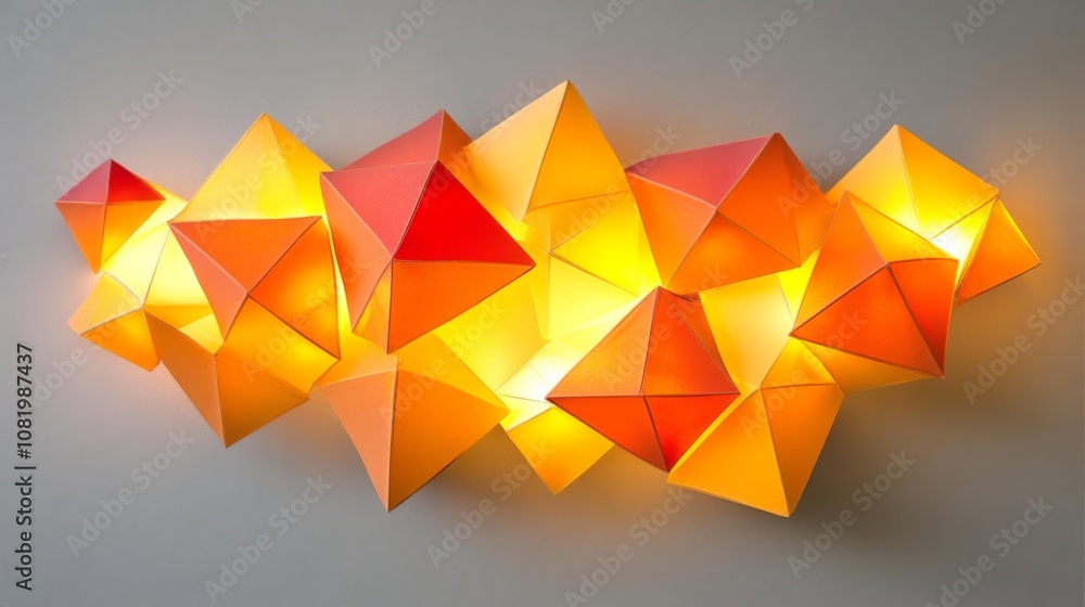 Poster vibrant geometric wall art featuring illuminated paper sculptures in triangular and pyramidal forms 