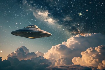 Obraz premium Vintage UFO in Night Sky: A Retro Sci-Fi Encounter with Stars, Clouds, and Bokeh Effect for an Enchanting Cosmic Experience