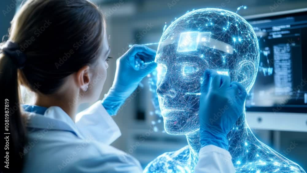 Poster scientist interacts with digital human hologram, analyzing neural networks and artificial intelligen