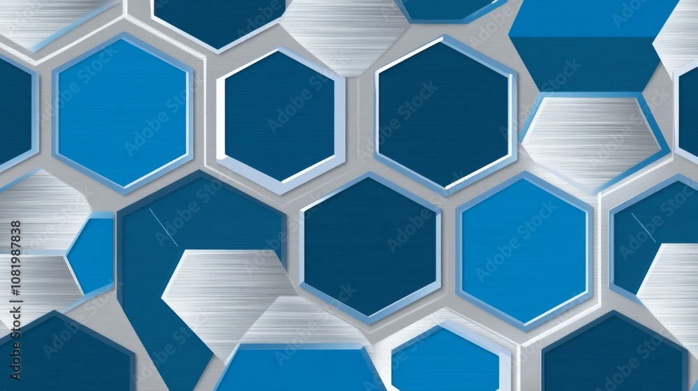 Poster modern geometric background with blue hexagons and metallic texture for creative design, technology,