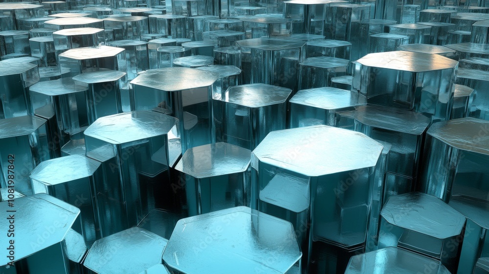 Poster abstract composition of hexagonal metallic shapes reflecting light in a mesmerizing pattern, creatin