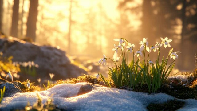 Snowdrops emerging in early spring forest during sunrise, symbolizing rebirth and the awakening of nature. Imbolc seasonal transition, fresh growth, and renewal
