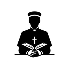 Isolated black and white vector illustration of a priest reading the bible in a church on a white background.