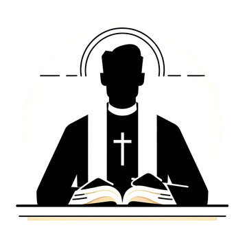 Isolated black and white vector illustration of a priest reading the bible in a church on a white background.