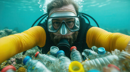 Ocean plastic cleanup. A diver explores underwater, surrounded by plastic bottles, highlighting the issue of marine pollution and the need for environmental awareness.