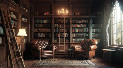 A Cozy Library with Leather Armchairs and a Ladder