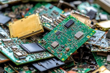 Obraz premium Collection of Electronic Waste Featuring Various Circuit Boards, Microchips, and Discarded Technology Components Piled Together in a Chaotic Arrangement