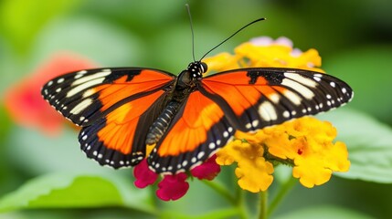 Fototapeta premium A vibrant butterfly with orange and black wings perched on yellow and pink flowers.