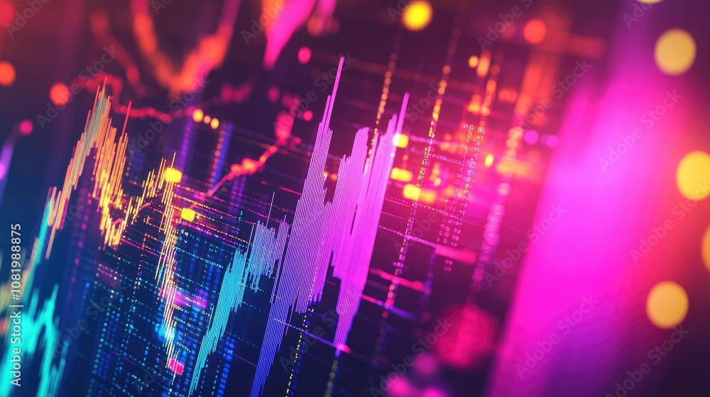 Poster abstract depiction of financial graphs and charts in neon colors