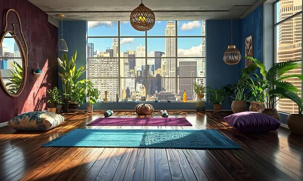 Hollywood Glam yoga room with elegant finishes, plush textures, and a view of a picturesque lake