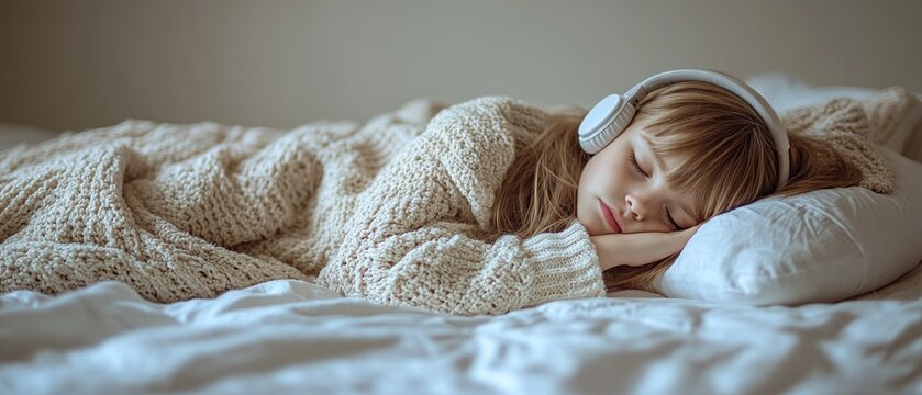 A serene young woman rests on a comfortable bed, enjoying peaceful sleep while wearing headphones and snuggled in a warm blanket