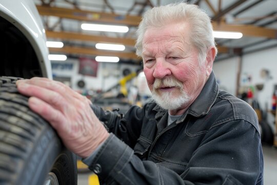 retirement job. Experienced senior mechanic inspecting a car tire, showcasing expertise in vehicle maintenance and automotive care in a professional workshop.