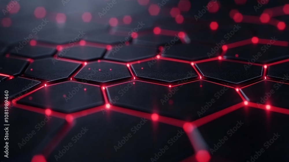 Poster futuristic hexagonal pattern with glowing red lights on a dark background, perfect for technology an