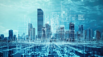 Futuristic cityscape with digital blueprints overlay