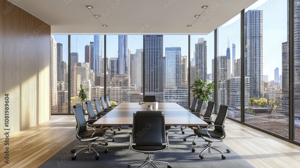 Poster modern boardroom with a large window view of a cityscape