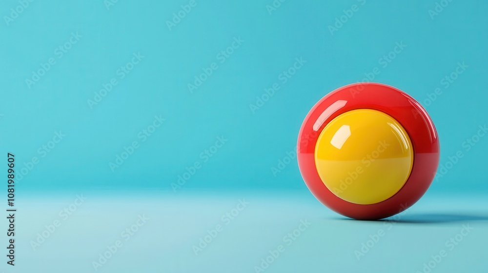 Poster a colorful red and yellow spherical object sits on a soft blue surface, creating a vibrant and playf