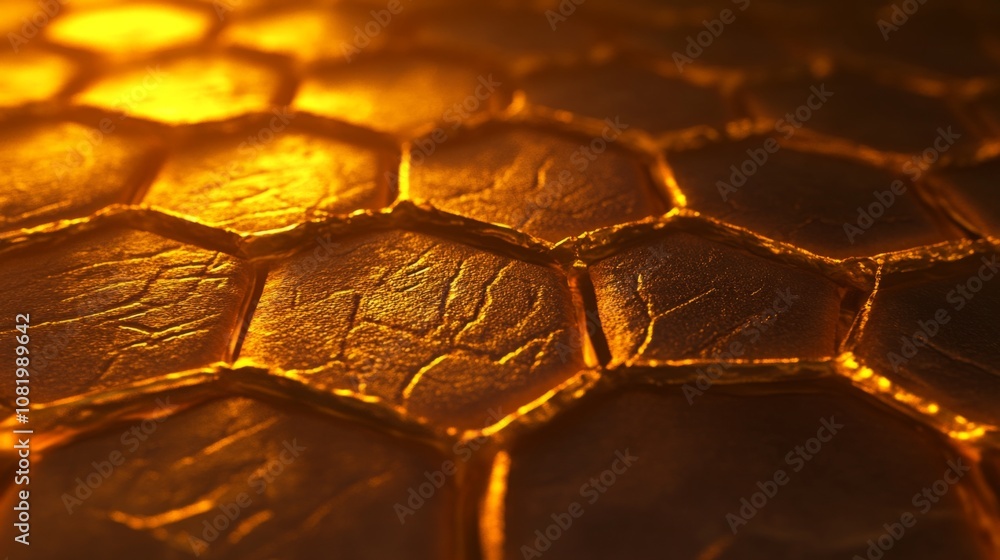 Poster Close-Up Textured Surface of Hexagonal Honeycomb Cells with Warm Golden Hues and Intricate Patterns Ideal for Abstract Backgrounds and Design Exploration