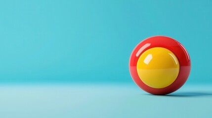 A colorful red and yellow spherical object sits on a soft blue surface, creating a vibrant and playful visual.