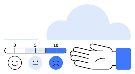 happy, neutral, and sad face icons with 0, 5, 10 numeric scale, hand icon, large blue cloud. Ideal for feedback emotions evaluation support mental health decision making digital services. Line