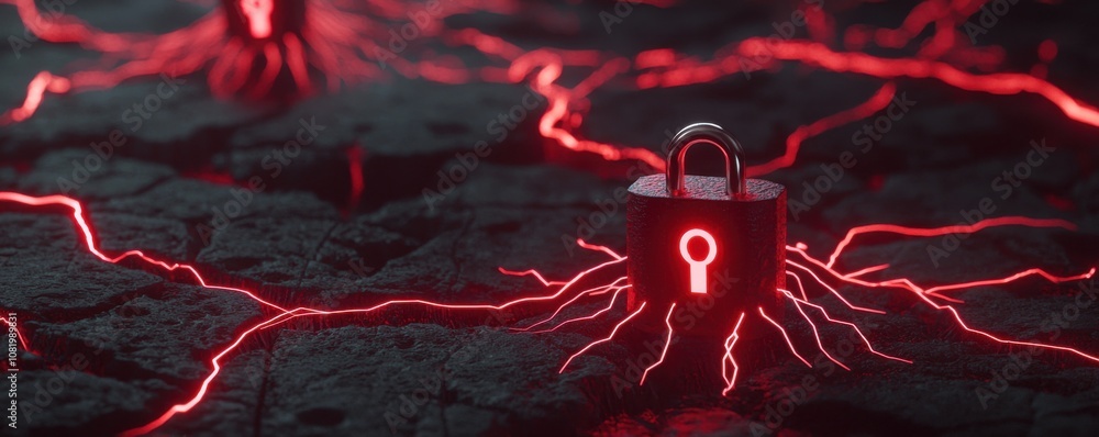 Poster quantum computing of cryptography concept. a glowing red padlock sits amidst dark, crackling energy,