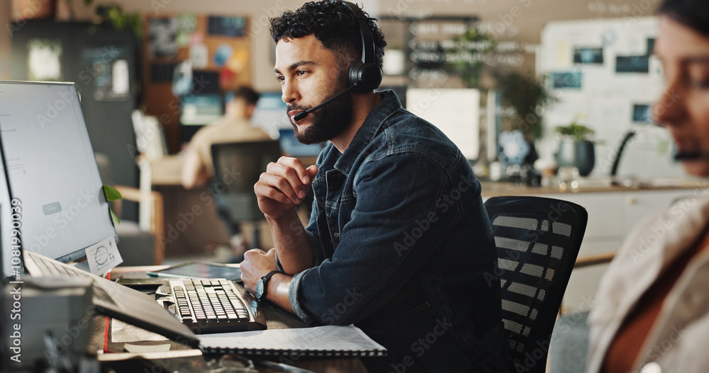 Leinwandbilder Headset, tech support and man in call center with computer, online advice and website management. Virtual assistant, customer service or IT consultant in coworking space with help, discussion and crm