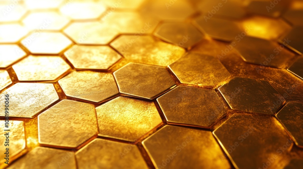 Poster Shimmering Gold Hexagonal Tiles Forming a Luxurious Surface with Bright Reflections and Intricate Textures Ideal for Elegant Backgrounds and Design Projects