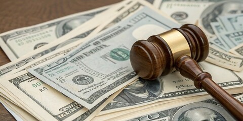 Wooden Gavel on Pile of US Dollar Bills Symbolizing Legal Fines, Bail Money, and Judicial Decisions in Aerial Perspective