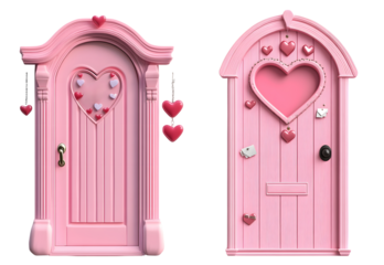 Charming Pink Doors with Heart Details and Decorations, transparent background