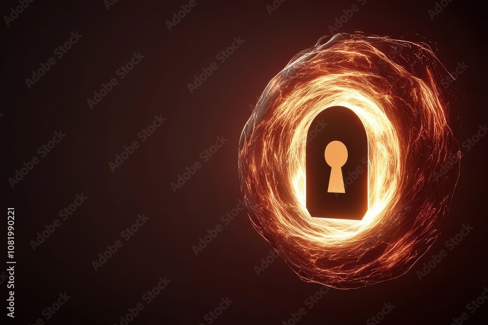 Poster quantum computing of cryptography concept. a glowing keyhole surrounded by a swirling light, symboli