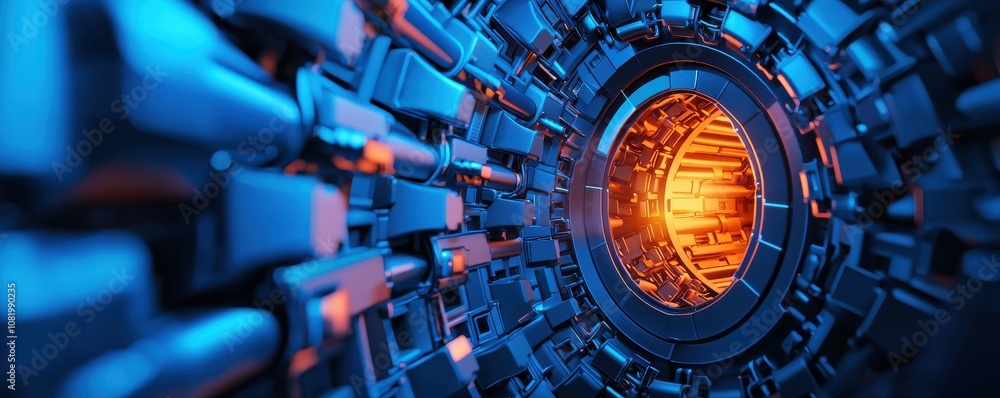 Poster quantum computing of cryptography concept. a futuristic tunnel with glowing orange light, surrounded