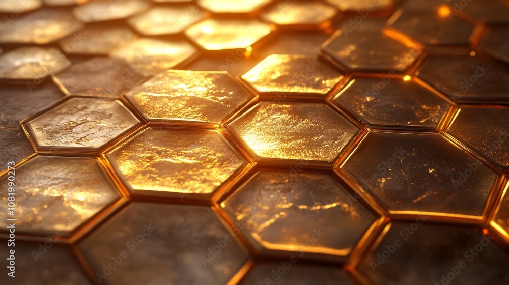 Poster abstract close-up of textured honeycomb pattern with glowing golden hexagons reflecting light in a c